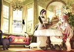  apron black_eyes black_hair blonde_hair blue_eyes book cat chair chandelier couch cup dress hat high_heels long_hair maid maid_apron maid_headdress mirror mug multiple_girls original pierorabu short_hair sitting very_long_hair 