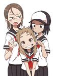  black_hair brown_eyes brown_hair cheek_pinching glasses hat hibino_mina highres karakai_jouzu_no_takagi-san long_hair multiple_girls pinching school_uniform serafuku short_hair tenkawa_yukari tsukimoto_sanae yamamoto_souichirou 