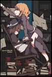  absurdres blonde_hair book book_stack bookshelf bow brown_hair capelet chair climbing dress engrish hat hat_bow hat_ribbon highres maribel_hearn multiple_girls nal_(naru-1) no_hat no_headwear purple_dress ranguage ribbon rocking_chair short_hair touhou usami_renko 