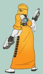  adapted_costume boots brown_eyes burqa covered_face dual_wielding from_behind goggles greenmarine gun handgun highres holding looking_back niqab overwatch parody pistol satire solo tracer_(overwatch) weapon 