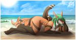 2014 anthro beach black_stripes blue_sky breast_squish breasts claws cloud crossed_legs day detailed_background digital_media_(artwork) ear_piercing eyebrows eyelashes eyewear female fin fish glasses gloves_(marking) green_hair hair hi_res long_ears long_hair looking_at_viewer lying manji marine markings multicolored_skin nude on_front piercing pinup pose ringed_tail sea seaside shark shorty-antics-27 side_view sky slightly_chubby slit_pupils socks_(marking) solo stripes sun tail_fin toe_claws water white_stripes yellow_eyes 