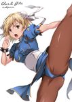  blonde_hair bracelet bun_cover china_dress chinese_clothes chun-li chun-li_(cosplay) cosplay crotch djeeta_(granblue_fantasy) double_bun dress granblue_fantasy jewelry kicking pantyhose pelvic_curtain sakiyamama sash short_hair solo street_fighter 