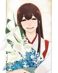  akagi_(kantai_collection) bouquet brown_eyes brown_hair commentary_request flower japanese_clothes kantai_collection long_hair looking_at_viewer masato_(mirai_koubou) muneate open_mouth smile solo straight_hair 