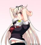  absurdres arms_behind_head black_ribbon black_serafuku black_skirt blonde_hair hair_flaps hair_ornament hair_ribbon hairclip highres kantai_collection long_hair messy_hair motomiya_ryou neckerchief red_eyes red_neckwear remodel_(kantai_collection) ribbon scarf school_uniform serafuku skirt solo white_scarf yuudachi_(kantai_collection) 