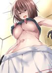  blue_eyes breasts brown_hair gloves hair_ornament headgear kantai_collection large_breasts looking_down maya_(kantai_collection) navel open_mouth pleated_skirt remodel_(kantai_collection) school_uniform serafuku short_hair skirt solo tai_(nazutai) underboob white_skirt x_hair_ornament 