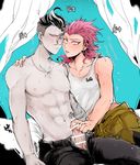  2boys abs blush danganronpa erection grey_skin handjob jumpsuit male_focus multiple_boys muscle pecs penis souda_kazuichi super_danganronpa_2 sweat tanaka_gandamu tank_top yaoi 