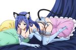  animal_ears blue_bra blue_eyes blue_gloves blue_hair blue_legwear blue_panties bra cat_ears cat_tail cleavage_cutout cushion detached_sleeves elbow_gloves garter_belt gloves joukamachi_no_dandelion long_hair non-web_source official_art panties paw_pose sakurada_aoi shiny shiny_skin solo tail thighhighs underwear 