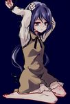  arms_up barefoot brown_dress bruise chain chained dirty_clothes dress empty_eyes flower hair_flower hair_ornament injury long_hair long_sleeves low_twintails purple_eyes purple_hair scratches shirt short_dress sitting solo touhou tsukumo_benben twintails uranaishi_(miraura) very_long_hair wariza 