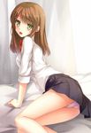  :o ass bare_legs bed bed_sheet black_skirt bow bowtie brown_hair curtains eyebrows eyebrows_visible_through_hair from_behind highres leaning_forward long_sleeves looking_back on_bed open_mouth original panties pantyshot pantyshot_(sitting) pleated_skirt red_bow red_neckwear school_uniform shiny shiny_skin shirt sitting skirt sleeves_folded_up sleeves_past_elbows slit_pupils solo sweatdrop thighs underwear upskirt uzuki_hiro white_shirt yokozuwari 