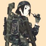  1girl absurdres backpack backwards_hat bag baseball_cap black_eyes black_hair camouflage etmc1992 eyewear_removed gloves gun hat highres original people&#039;s_republic_of_china_flag rifle short_hair simple_background sniper_rifle solid_eyes solo sunglasses weapon weapon_request 