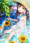  :d absurdres bare_arms bare_shoulders bead_bracelet beads blue_sailor_collar bracelet breasts brown_hair collarbone commentary_request day dress flower hat highres hose iridescent jewelry long_hair looking_at_viewer open_mouth original outdoors petals pool sailor_collar see-through sino_hara sitting small_breasts smile solo straw_hat sunflower twintails wading_pool water water_drop wet wet_clothes 