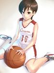  basketball basketball_uniform breasts brown_eyes brown_hair collarbone eply eyebrows eyelashes jersey original shoes short_hair shorts sitting small_breasts smile sneakers solo sportswear sweat wariza 