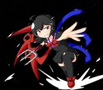  ahoge asymmetrical_wings black_dress black_hair blush cocked_eyebrow dress foreshortening grin houjuu_nue looking_at_viewer manorea motion_lines polearm pose reaching_out red_eyes red_footwear shoes short_dress short_hair smile solo space thighhighs touhou trident weapon wings zettai_ryouiki 