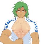  1boy abs bara green_hair looking_at_viewer male_focus muscle nipples pecs solo tan tanline undressing yowamushi_pedal 