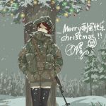  1girl black_eyes black_hair breath camouflage chinese_commentary christmas christmas_lights christmas_ornaments christmas_tree commentary_request etmc1992 hands_in_pockets hood hood_up load_bearing_equipment looking_at_viewer original outdoors scarf short_shorts shorts snow snowing solo thighhighs tree weapon weapon_on_back zettai_ryouiki 
