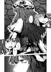  black_eye bow cape comic ears flandre_scarlet from_behind greyscale hair_ornament hat hong_meiling injury long_hair long_sleeves low-tied_long_hair mob_cap monochrome multiple_girls open_mouth patchouli_knowledge pointy_ears simple_background slit_pupils touhou translated yokochou 