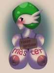  2015 anthro areola big_breasts blush breasts female gardevoir green_hair hair hi_res looking_at_viewer master nintendo nipples nude pok&eacute;mon red_eyes samberg slave solo text video_games 