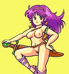  athena_(series) breasts commentary_request hairband hand_on_hip long_hair navel nipples nude pixel_art princess_athena purple_hair pussy saiwai_hiroshi sheath sheathed shield simple_background snk solo sword weapon yellow_background 