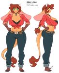  anthro big_breasts bovine breasts brown_fur brown_hair cattle chalo cleavage clothed clothing english_text female freckles fur green_eyes hair horn huge_breasts las_lindas long_hair mammal mora_linda navel pants shirt smile solo standing text thick_thighs wide_hips 