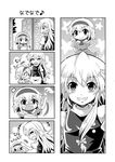  &gt;_&lt; /\/\/\ 4koma alice_margatroid angry blush chibi closed_eyes colonel_aki comic eighth_note greyscale grin hairband kirisame_marisa long_hair monochrome musical_note open_mouth opening_door petting short_hair smile touhou translated tsundere 