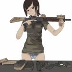  1girl assault_rifle black_eyes black_hair etmc1992 foregrip glock gun handgun holding holding_gun holding_weapon laser_sight m4_carbine magazine_(weapon) no_pants original panties rifle shirt short_hair solid_eyes solo striped striped_panties sweat t-shirt trigger_discipline underwear weapon white_background 