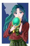  bad_id bad_pixiv_id bishoujo_senshi_sailor_moon blue_eyes border deep_aqua_mirror earrings green_hair hairband jewelry kaiou_michiru mirror mugen_gakuen_school_uniform multiple_girls plaid plaid_skirt school_uniform serafuku silhouette skirt smile ten'ou_haruka twitter_username upper_body white_border yunoshi 