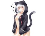  animal_ears blush bottomless breasts cat cleavage collarbone erect_nipples fang female hood hoodie miko_92 naked_hoodie navel no_bra no_panties open_clothes open_jacket original red_eyes simple_background solo tail white_background white_hair 