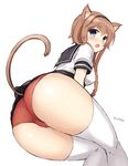 :o animal_ears ass back bangs blue_eyes blush breasts brown_hair cat_ears cat_tail clothes_writing don_(29219) embarrassed eyebrows eyebrows_visible_through_hair from_behind from_below hairband kantai_collection kemonomimi_mode long_hair looking_at_viewer looking_back medium_breasts miniskirt open_mouth panties puffy_short_sleeves puffy_sleeves red_panties school_uniform serafuku short_sleeves simple_background sketch skirt solo tail teruzuki_(kantai_collection) thighhighs underwear white_background white_legwear 