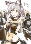  :d animal_ears cat_ears cat_paws claws erune fang granblue_fantasy green_eyes grey_hair kz_nagomiya long_hair open_mouth paws sen_(granblue_fantasy) simple_background smile solo white_background 