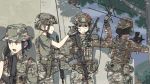  4girls anger_vein assault_rifle backwards_hat baseball_cap black_hair blonde_hair braid bucket_hat camouflage chinese_commentary commentary_request doodle etmc1992 face_painting gloves green_eyes gun handgun hat helmet highres holster holstered_weapon load_bearing_vest m4_carbine military military_uniform multiple_girls original pistol pouch radio radio_antenna rifle uniform weapon 