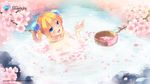  1girl aizawa_hikaru aqua_eyes bath blonde_hair braids breasts cleavage female flower microsoft onsen os-tan shinia water 
