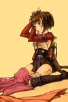  bandages brown_hair cherry_(10013717) gun highres koutetsujou_no_kabaneri mouth_hold mumei_(kabaneri) red_eyes ribbon ribbon_in_mouth short_hair sitting solo twintails weapon 