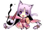  :3 :d animal_ears bell calligraphy_brush cat_ears character_request chibi cookie fang floral_print food full_body furisode hair_bell hair_ornament highres ink japanese_clothes jingle_bell kimono long_hair looking_at_viewer open_mouth paintbrush purple_eyes purple_hair sayori slit_pupils smile solo translated transparent_background very_long_hair 