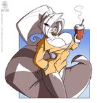  anthro big_breasts blue_eyes bottomless breasts chloe_sinclaire cleavage clothed clothing conditional_dnp female fluffy fluffy_tail fur grey_fur hair huge_breasts jollyjack lips long_hair mammal skunk smile solo standing white_fur white_hair 