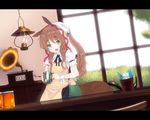  animal_ears brown_eyes centaur commentary counter dutch_angle fairy green_eyes horse_ears indoors kiyomin lamp long_hair looking_at_viewer monster_girl open_mouth original phonograph plant ponytail potted_plant reflection smile solo standing tankard window 