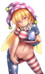  1girl american_flag_dress american_flag_legwear bangs bar_censor blonde_hair blue_dress blue_legwear blush breasts censored clownpiece commentary_request cowboy_shot dress dress_lift eyebrows_visible_through_hair fairy fairy_wings flashing groin hair_between_eyes hat head_tilt highres jester_cap lifted_by_self long_hair medium_breasts navel neck_ruff no_panties polka_dot_hat purple_eyes purple_hat red_dress red_legwear shiny_shinx short_sleeves simple_background standing star star_print stomach striped striped_dress striped_legwear thighs touhou very_long_hair white_background white_dress white_legwear wings 