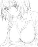  akino_sora breasts cleavage collarbone covered_nipples greyscale highres large_breasts looking_at_viewer monochrome shirt short_hair simple_background sketch solo upper_body white_background yahari_ore_no_seishun_lovecome_wa_machigatteiru. yuigahama_yui 