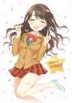  :d ^_^ blazer brown_hair cherry_blossoms closed_eyes double_v glass_slipper half_updo happy_birthday idolmaster idolmaster_cinderella_girls jacket jumping long_hair mirei no_socks one_side_up open_mouth petals shimamura_uzuki skirt smile solo star v 