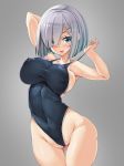  1girl alternate_costume blue_eyes blue_swimsuit blush breasts competition_swimsuit eyebrows_visible_through_hair gradient gradient_background groin hair_between_eyes hair_ornament hairclip hamakaze_(kantai_collection) highleg highres kantai_collection large_breasts nipples one-piece_swimsuit open_mouth short_hair silver_hair smile swimsuit torisan 