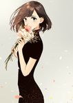  bangs black_dress blue_eyes breasts brown_hair closed_mouth covered_mouth cowboy_shot dress eyelashes floating_hair flower from_side grey_background hands_up holding holding_flower keishin long_dress looking_at_viewer original petals short_hair short_sleeves simple_background small_breasts smile solo wind 