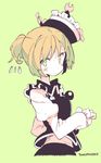  alternate_hairstyle black_vest blonde_hair blush_stickers copyright_name crescent frilled_sleeves frills green_background hat juliet_sleeves long_sleeves lunasa_prismriver morino_hon ponytail puffy_sleeves short_ponytail simple_background solo touhou upper_body vest wing_collar yellow_eyes 