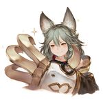  animal_ears blush claw_(weapon) claws erune granblue_fantasy grey_hair hair_between_eyes junwool orange_eyes revision sen_(granblue_fantasy) simple_background smile solo sparkle upper_body weapon white_background 