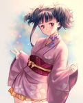  bangs black_hair blunt_bangs blush bow brown_eyes brown_hair choker closed_mouth contrapposto cowboy_shot floral_print hair_ribbon hand_gesture head_tilt japanese_clothes kimono koutetsujou_no_kabaneri lips long_sleeves looking_at_viewer mumei_(kabaneri) nishizawa purple_ribbon ribbon ribbon_choker sash short_hair short_twintails sleeves_past_wrists smile solo standing twintails v white_ribbon wide_sleeves yellow_bow 