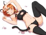  :o animal_ears armpits arms_up bare_arms bare_shoulders bell black_bra black_legwear black_panties black_ribbon blush bra cat_cutout cat_ears cat_lingerie cat_tail choker cleavage_cutout collarbone flat_chest hand_on_forehead head_tilt hoshizora_rin jingle_bell kemonomimi_mode leg_up looking_at_viewer love_live! love_live!_school_idol_project meme_attire midriff navel orange_hair panties parted_lips paw_print ribbon sen_(sen0910) short_hair side-tie_panties simple_background solo stomach tail thighhighs underwear white_background 