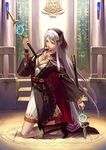  boots breasts brown_footwear cape cleavage dual_wielding fantasy full_body green_eyes holding indoors knee_boots kneeling large_breasts long_hair long_sleeves looking_at_viewer magic_circle open_mouth original purple_hair solo sorceress staff tamaki_g_(artist) very_long_hair 