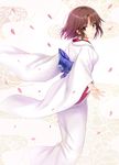  brown_eyes brown_hair cherry_blossoms commentary_request from_behind harimoji highres japanese_clothes kara_no_kyoukai kimono long_sleeves looking_at_viewer open_mouth ryougi_shiki sash short_hair solo wide_sleeves 