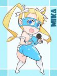  alternate_costume ass blonde_hair blue_eyes boots capcom character_name chibi from_behind hair_ornament hair_ribbon long_hair looking_at_viewer looking_back mask microphone open_mouth rainbow_mika ribbon smile solo standing street_fighter street_fighter_v twintails x-teal2 