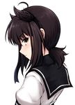  ahoge black_hair blush don_(29219) ear hair_flaps hairband hatsuzuki_(kantai_collection) kantai_collection looking_at_viewer looking_back low_ponytail ponytail sailor_collar school_uniform serafuku short_hair short_ponytail simple_background solo white_background yellow_eyes 