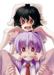  animal_ears bangs black_hair bunny_ears carrying collared_shirt fingersmile floppy_ears hair_between_eyes inaba_tewi kuroda_osafune long_hair looking_at_viewer multiple_girls necktie open_mouth puffy_short_sleeves puffy_sleeves purple_hair red_eyes red_neckwear reisen_udongein_inaba shirt short_hair short_sleeves shoulder_carry simple_background smile teeth touhou upper_body white_background white_shirt 