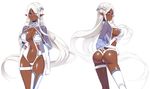  ass ass_visible_through_thighs breasts cleavage covered_nipples dark_skin elbow_gloves ellelecia gloves jewelry large_breasts long_hair looking_at_viewer ma-ko_hunter multiple_views munashi_mujou non-web_source parted_lips pointy_ears purple_eyes see-through shiny shiny_skin simple_background smile thigh_gap thighhighs very_long_hair white_background white_gloves white_hair white_legwear 